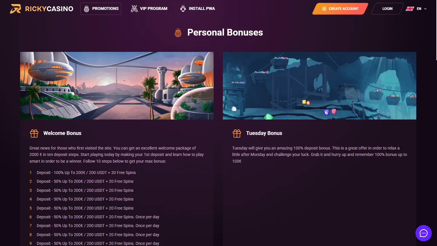 Rickycasino promotions interface on desktop