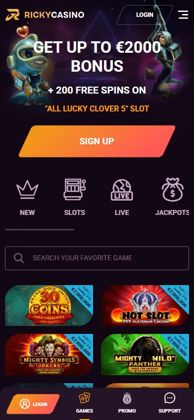 Rickycasino home interface on a mobile device