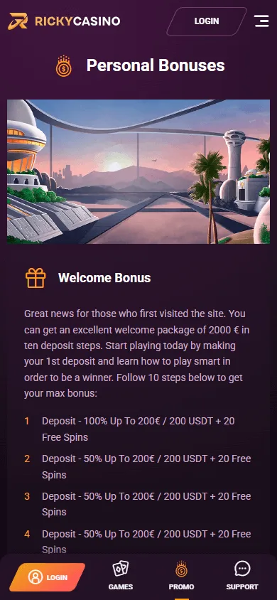 Rickycasino promotions interface on a mobile device